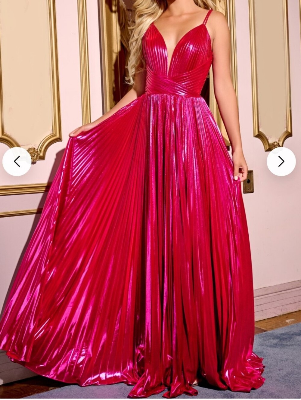 Jovani Metallic Fuchsia V neck A Line Pleated Maxi Gown Size 10 Nwot.